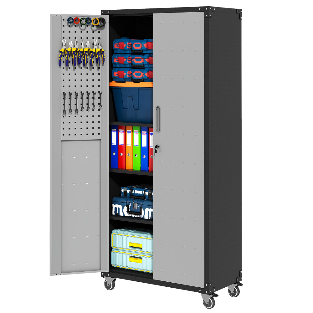 71" Metal Garage Storage Cabinet with Wheels - Heavy-Duty Tool Storage Cabinet for Home, Office, School, and Garage Organization, Black/Gray