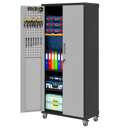 71" Metal Garage Storage Cabinet with Wheels - Heavy-Duty Tool Storage Cabinet for Home, Office, School, and Garage Organization, Black/Gray