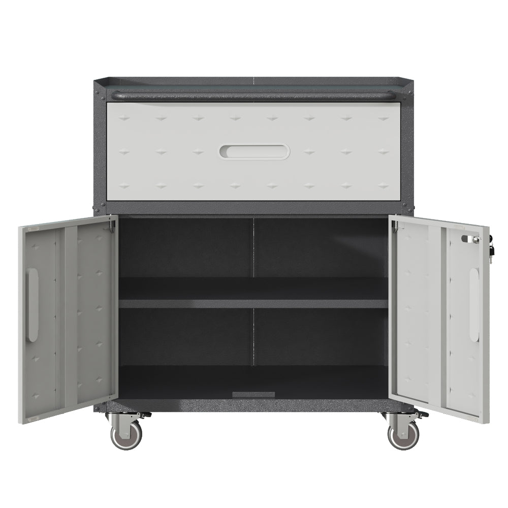 Sturdy and Durable Metal Tool Cabinet for Garage with Wheels - Mobile Heavy-Duty Storage Cabinet with 1 Drawer and 2 Locking Doors, Rolling Tool Storage Cabinet, Black and Gray