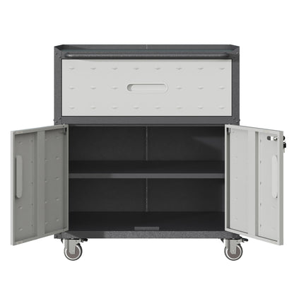 Sturdy and Durable Metal Tool Cabinet for Garage with Wheels - Mobile Heavy-Duty Storage Cabinet with 1 Drawer and 2 Locking Doors, Rolling Tool Storage Cabinet, Black and Gray