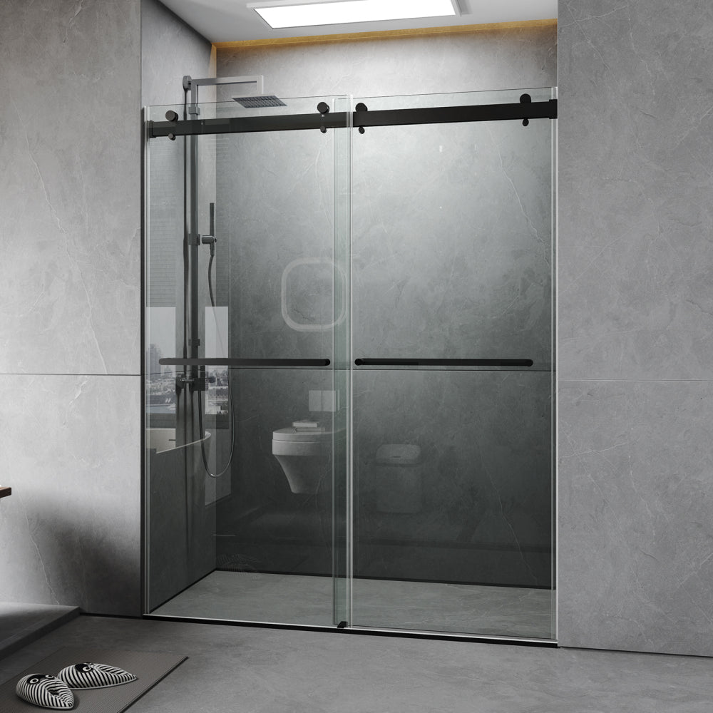 56 to 60'' W x 76'' H Frameless Shower Door, Double Sliding Shower Door with Premium 3/8'' (10mm) Thick Tempered Glass, Stainless Steel, Matte Black