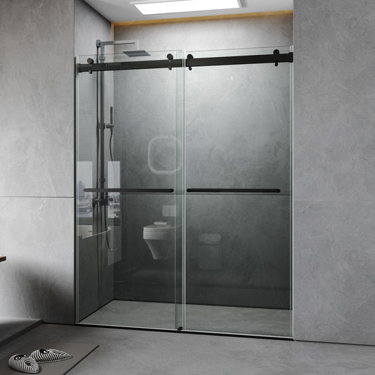 56 to 60'' W x 76'' H Frameless Shower Door, Double Sliding Shower Door with Premium 3/8'' (10mm) Thick Tempered Glass, Stainless Steel, Matte Black