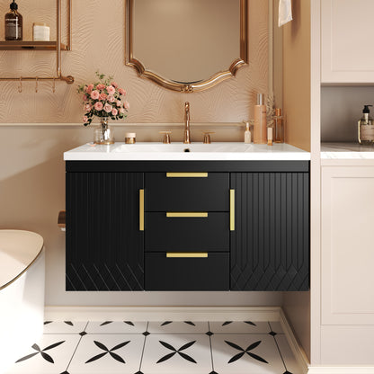 36'' Wall Mounted Bathroom Vanity with Resin Sink, Floating Bathroom Storage Cabinet with 2 Drawers, Solid Wood Bathroom Cabinet