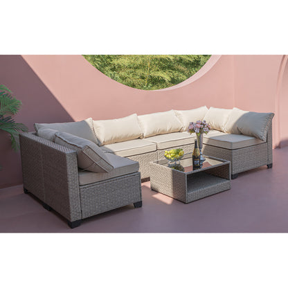 7-Piece Patio Furniture Set, All-Weather Boho Outdoor Conversation Set Sectional Sofa with Water Resistant Grey Thick Cushions