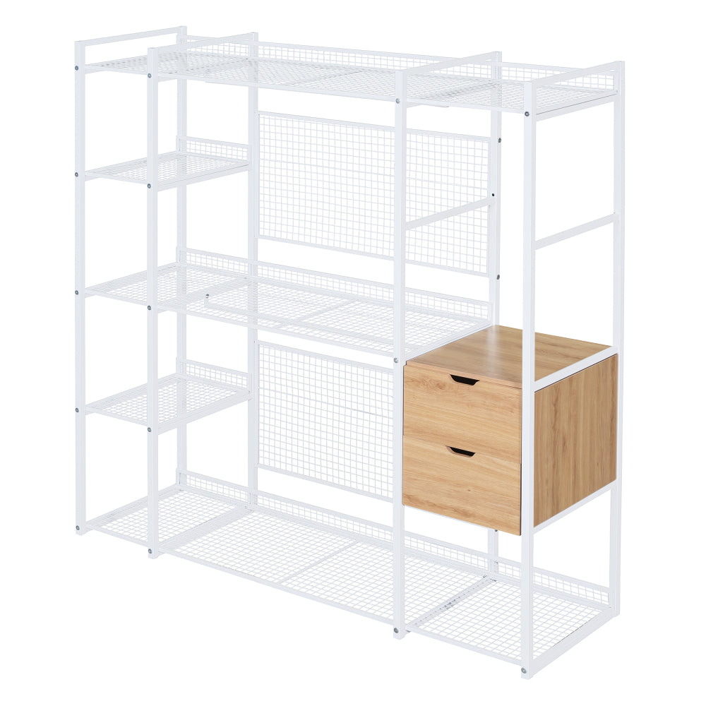 Open-Style Wardrobe with Hanging Rails, Shelves and Drawers, White