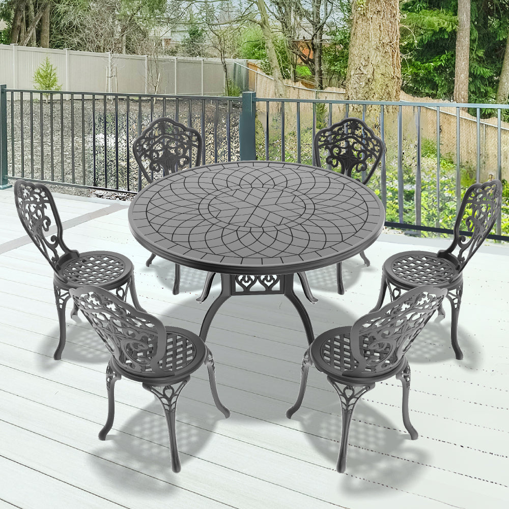 Ø47.24-inch Cast Aluminum Patio Dining Table With Black Frame and Carved Texture on the Tabletop