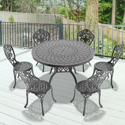 Ø47.24-inch Cast Aluminum Patio Dining Table With Black Frame and Carved Texture on the Tabletop