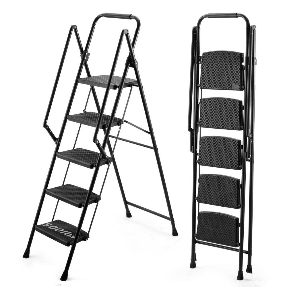 Four step ladder, lightweight folding four step stool, wide anti slip pedal and safety handle, sturdy steel ladder, multi-purpose step ladder, suitable for home, kitchen, and office elevators