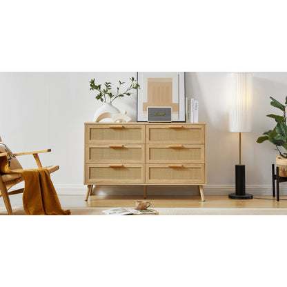 Bedroom dresser, 6 Double Dresser with rattan drawers, wood chest of drawers for kids room, living room, entry and hallway, Natural, 47.2'' W x 15.8'' D x 30'' H.