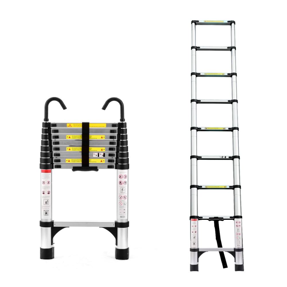 Telescopic ladder, 9.5 foot aluminum button telescopic ladder with 2 triangular stabilizers and hooks, multi-purpose ladder, maximum load-bearing capacity of 330 pounds, suitable for industrial and ho