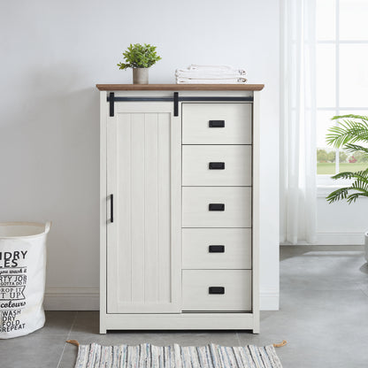 5 Drawers Dresser w/Sliding Barn Door, Farmhouse Modern Tall Dresser 5 Chest of Drawers, Storage Organizer Dresser for Bedroom, Hallway, Living Room, Kids Room WHITE