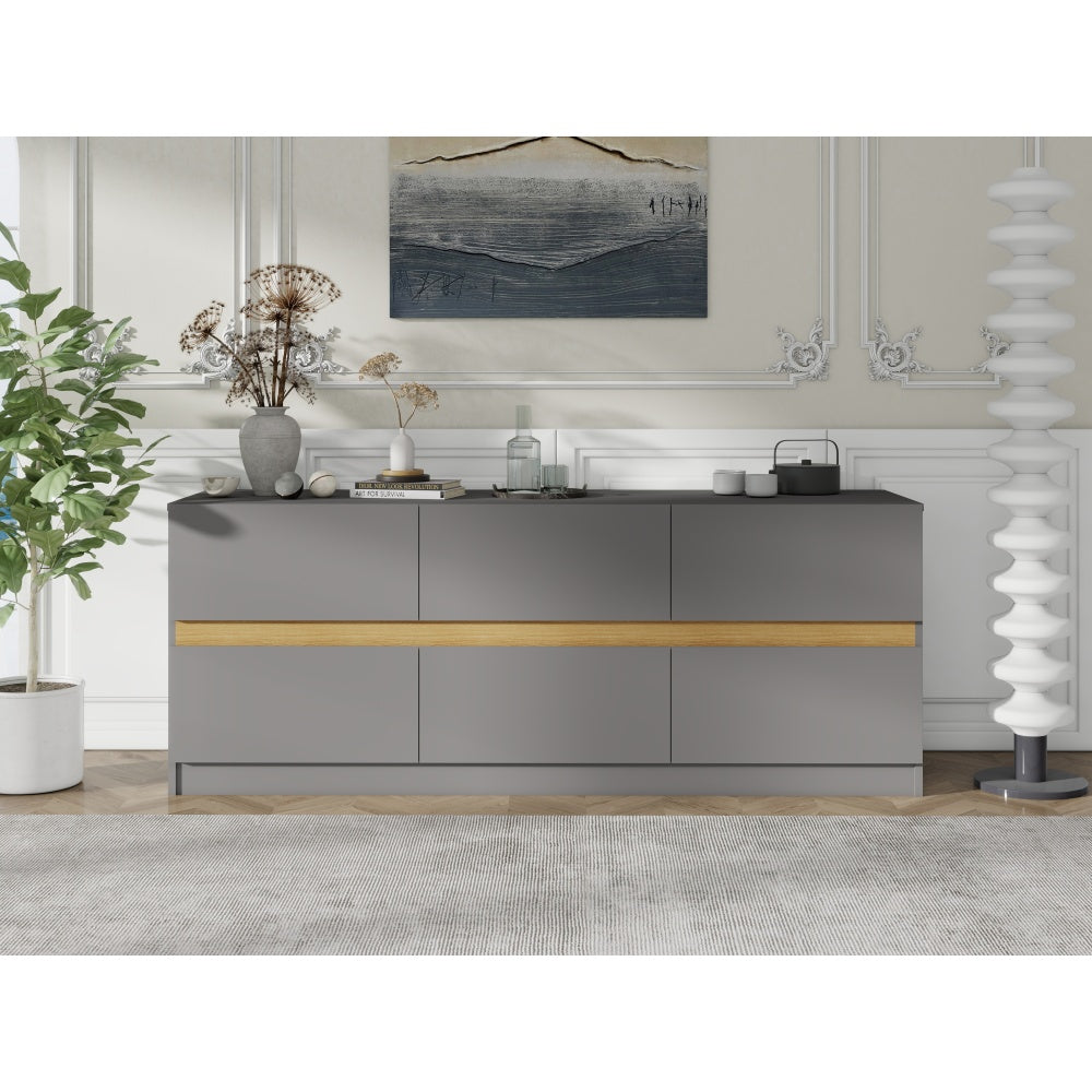 6 Drawer Dresser Long Dresser for Bedroom Wood Clothes Organizers and Wide Storage Drawers 16.34" D x 59.06" W x 23.03"H (Grey) - White Label