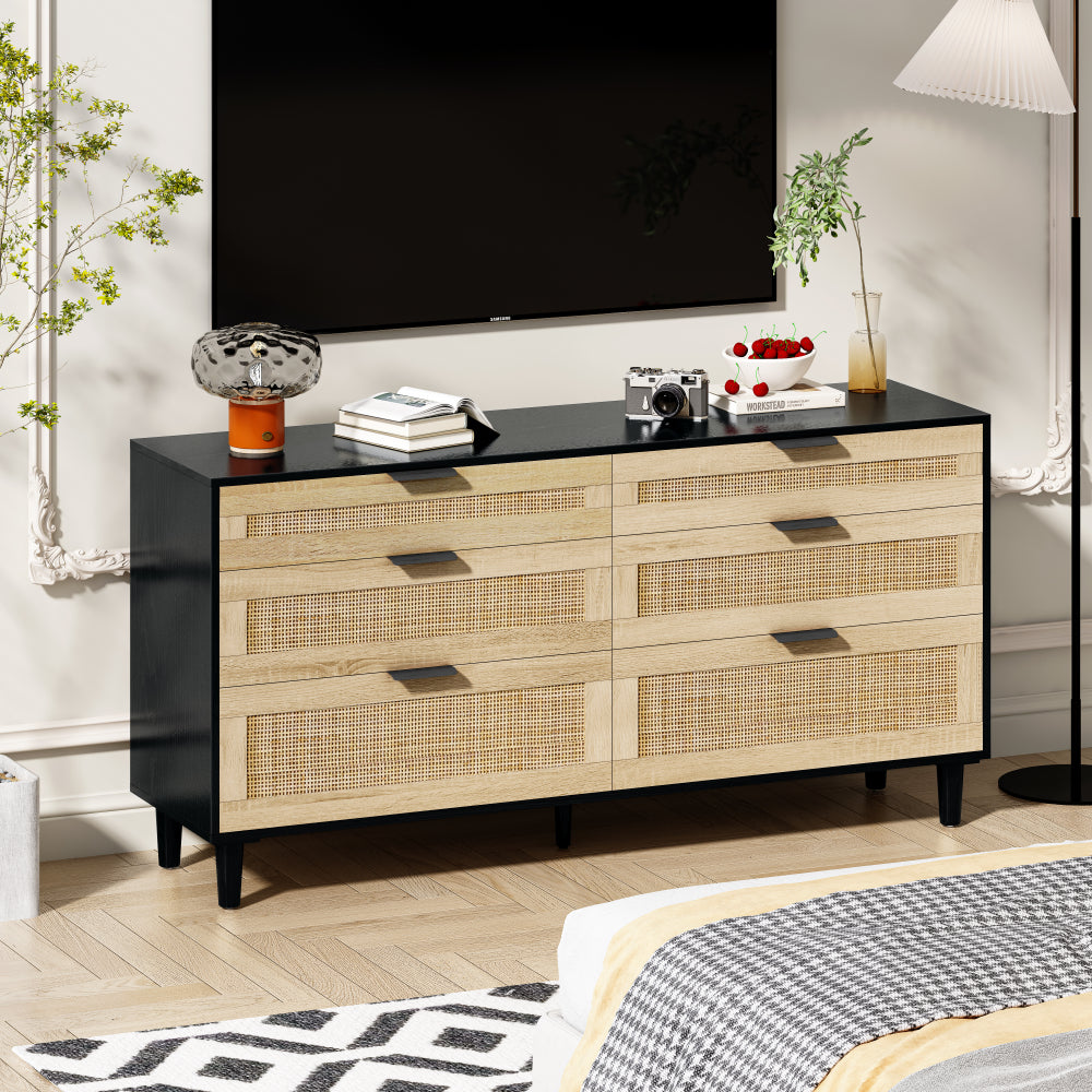 59" Rattan Dresser with Drawers, 6 Drawer Dresser for Bedroom, Clothes Storage Cabinet for Bedroom, Metal Handle&Wood Legs for Hallway, Living Room, Bedroom,Black
