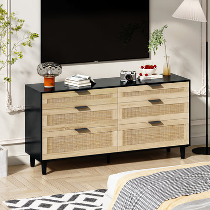 59" Rattan Dresser with Drawers, 6 Drawer Dresser for Bedroom, Clothes Storage Cabinet for Bedroom, Metal Handle&Wood Legs for Hallway, Living Room, Bedroom,Black
