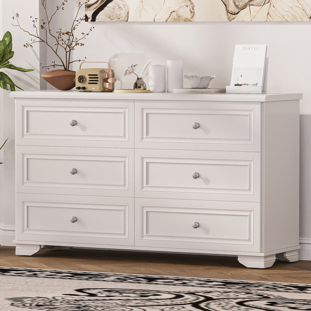 6 Drawers Elegant Design Wooden Dresser, Retro Style Storage Cabinet with Metal Handles for Bedroom, Gray