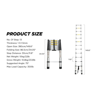 Telescoping Ladder 12.5FT, Telescopic Extension Ladder, Aluminum Alloy Folding Ladder Portable Multi-Purpose for Indoor Outdoor Work, Heavy Duty 300 lbs Load