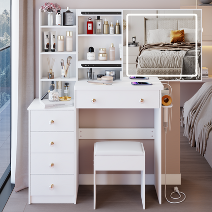 37" Middle Size Left Bedside Cabinet Vanity Table + Cushioned Stool Dresser Set, 2 AC+2 USB Socket, Hair Dryer Stand, Large Touch Control LED Sliding Mirror, 3-color Switch, EPA, GCC, UL Certificate