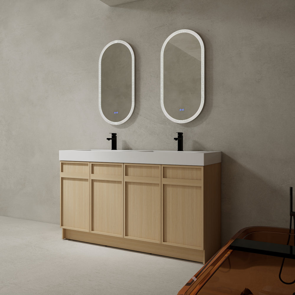 60" Freestanding Bathroom Vanity with White Double Resin Sink & 4 Soft-Close Cabinet Doors (KD-PACKING)