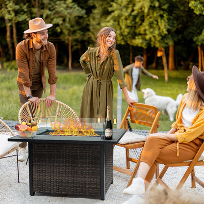 Outdoor Fire Pit 50,000 BTU Propane Gas Fire Table with Lid Fireplace with Glass Wind Guard Wicker Base for Garden, Patio, Backyard, 44"