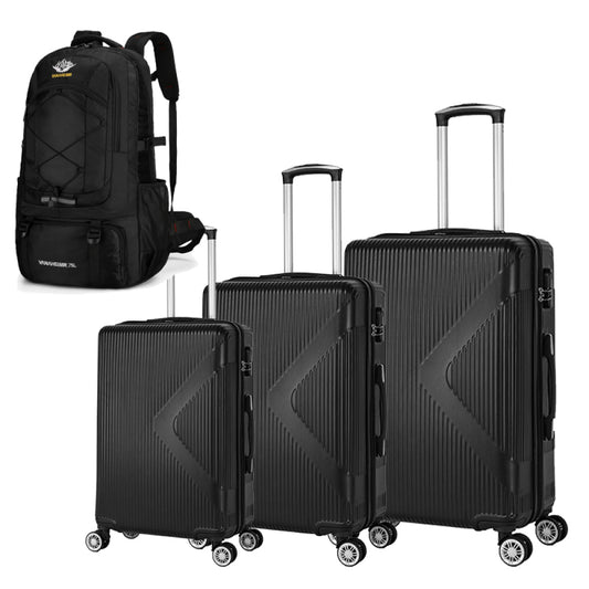 3-piece hard shell luggage set, suitable for both long-distance and short distance travel. Equipped with four-wheel rollers, password lock, and hiking bag