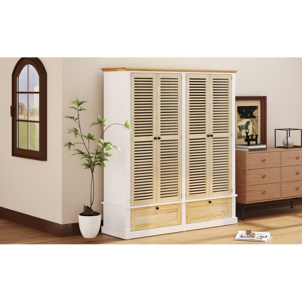 4 Shutter Door Wardrobe Armoire Closet with 2 Drawers, Natural+White