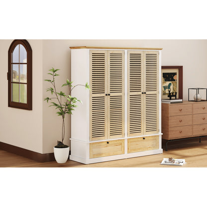 4 Shutter Door Wardrobe Armoire Closet with 2 Drawers, Natural+White