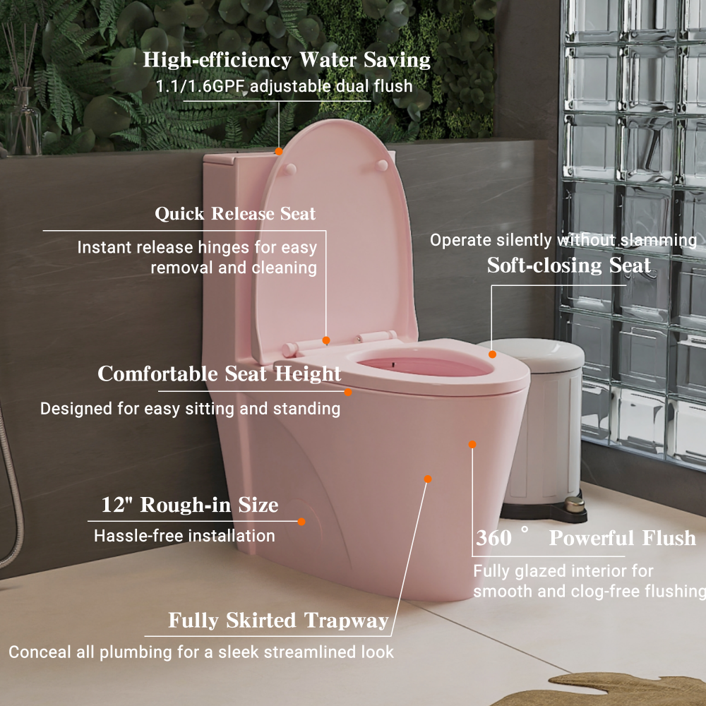 1.1/1.60 GPF Dual-Flush One Piece Toilet, Water-Saving Elongated Comfort Height Floor Mounted, Soft Close 1000 Gram Map Flushing Score Toilet, Pink Rose 23T01-RS