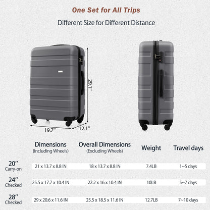 Luggage Sets New Model ABS Hardshell 3pcs Clearance Luggage Hardside Lightweight Durable Suitcase sets Spinner Wheels Suitcase with TSA Lock 20''24''28''( grey)