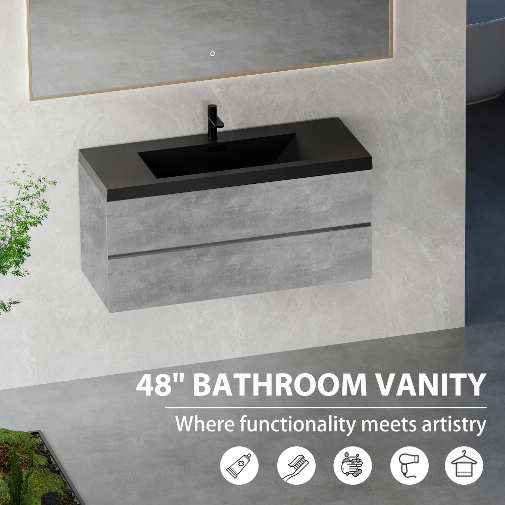 48" Floating Bathroom Vanity with Sink, Modern Wall-Mounted Bathroom Storage Vanity Cabinet with Black Quartz Sand Top Basin and Soft Close Drawers, EDI-Series Cement Grey 24V12-48GR