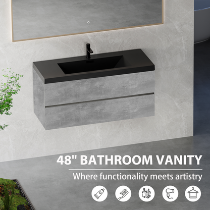 48" Floating Bathroom Vanity with Sink, Modern Wall-Mounted Bathroom Storage Vanity Cabinet with Black Quartz Sand Top Basin and Soft Close Drawers, EDI-Series Cement Grey 24V12-48GR