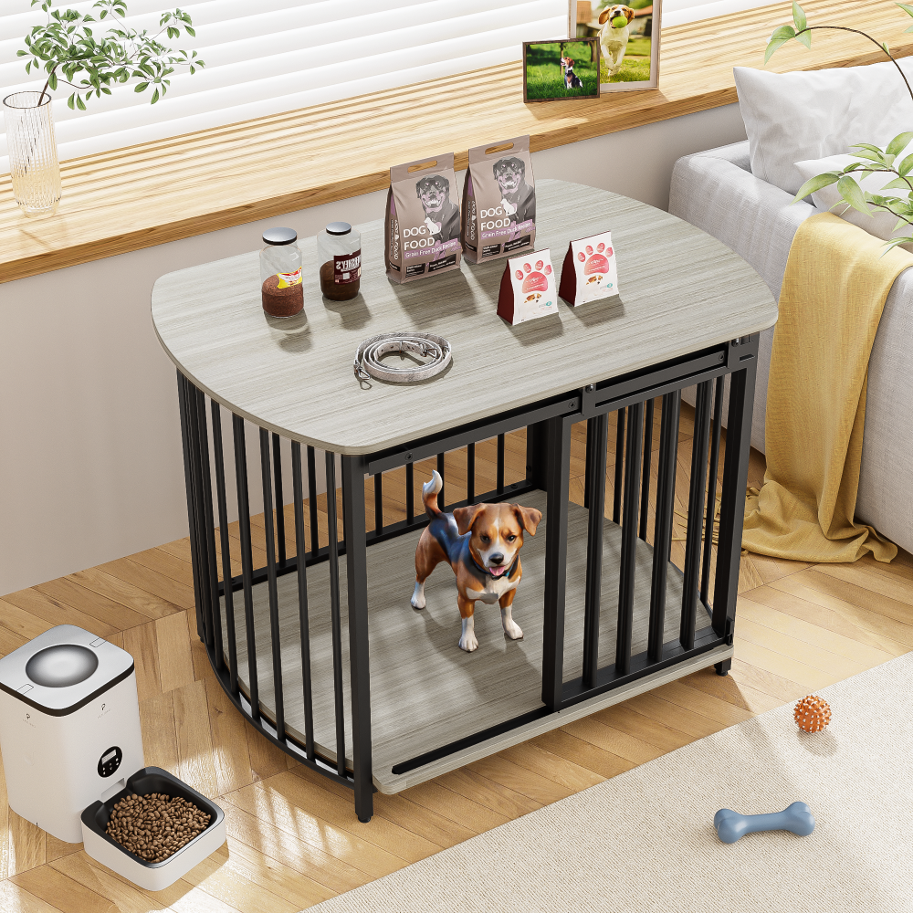 31.5" Furniture Style Dog Crate for Small and Medium Dogs, Wooden Cage Indoor Kennel Furniture, Modern Dog Crate End Table with Double-Doors, Gray