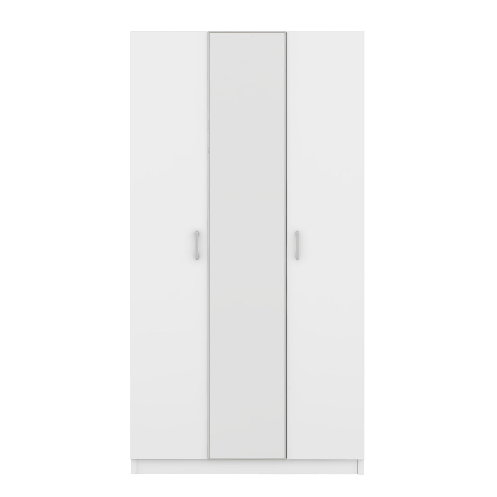 3 Door Wardrobe with Mirror, Armoire with Hanging Rod and 3 Fixed Shelves,White