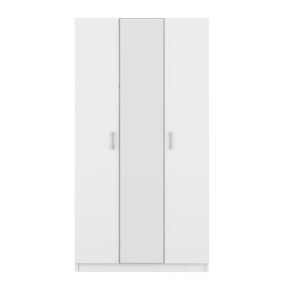 3 Door Wardrobe with Mirror, Armoire with Hanging Rod and 3 Fixed Shelves,White
