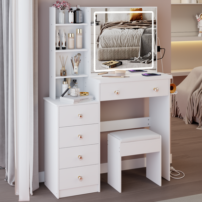 37" Middle Size Left Bedside Cabinet Vanity Table + Cushioned Stool Dresser Set, 2 AC+2 USB Socket, Hair Dryer Stand, Large Touch Control LED Sliding Mirror, 3-color Switch, EPA, GCC, UL Certificate
