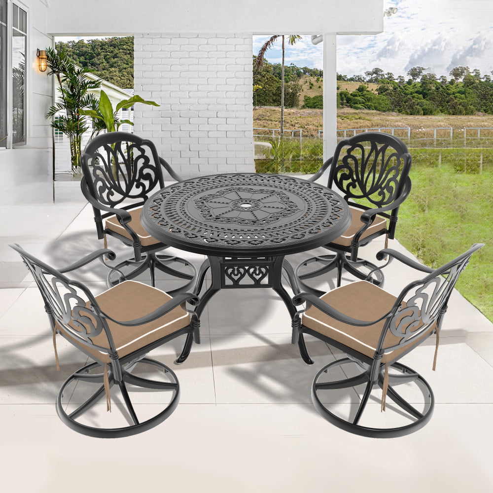 Ø39.37-inch Cast Aluminum Patio Dining Table With Black Frame and Umbrella Hole