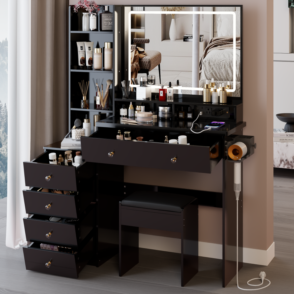 41" Large Size Left Bedside Cabinet Vanity Table+Cushioned Stool Dresser Set, 2 AC+2 USB Power Station, Hair Dryer Stand, Extra Large Touch Control LED Mirror, 3-color Switch, EPA, GCC, UL Certificate