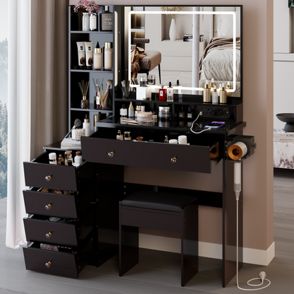 41" Large Size Left Bedside Cabinet Vanity Table+Cushioned Stool Dresser Set, 2 AC+2 USB Power Station, Hair Dryer Stand, Extra Large Touch Control LED Mirror, 3-color Switch, EPA, GCC, UL Certificate
