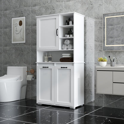 Laundry Cabinet with Doors and shelf, Tilt-Out Laundry Hamper, Multiple Storage Space, Freestanding Style, Open Shelve, Adjustable Shelf, White