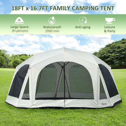 Outsunny 20 Person Camping Tent, Outdoor Cabin Tent Tent with 2 Doors, Screen Room, Family Dome Tent for Hiking, Backpacking, Traveling, Easy Set Up, Cream
