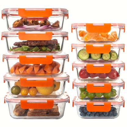 10-Piece Glass Food Storage Container, Sealed Glass Lunch Container, Stackable Glass Food Storage Container Set with Lid for Microwave, Oven, Freezer and Dishwasher