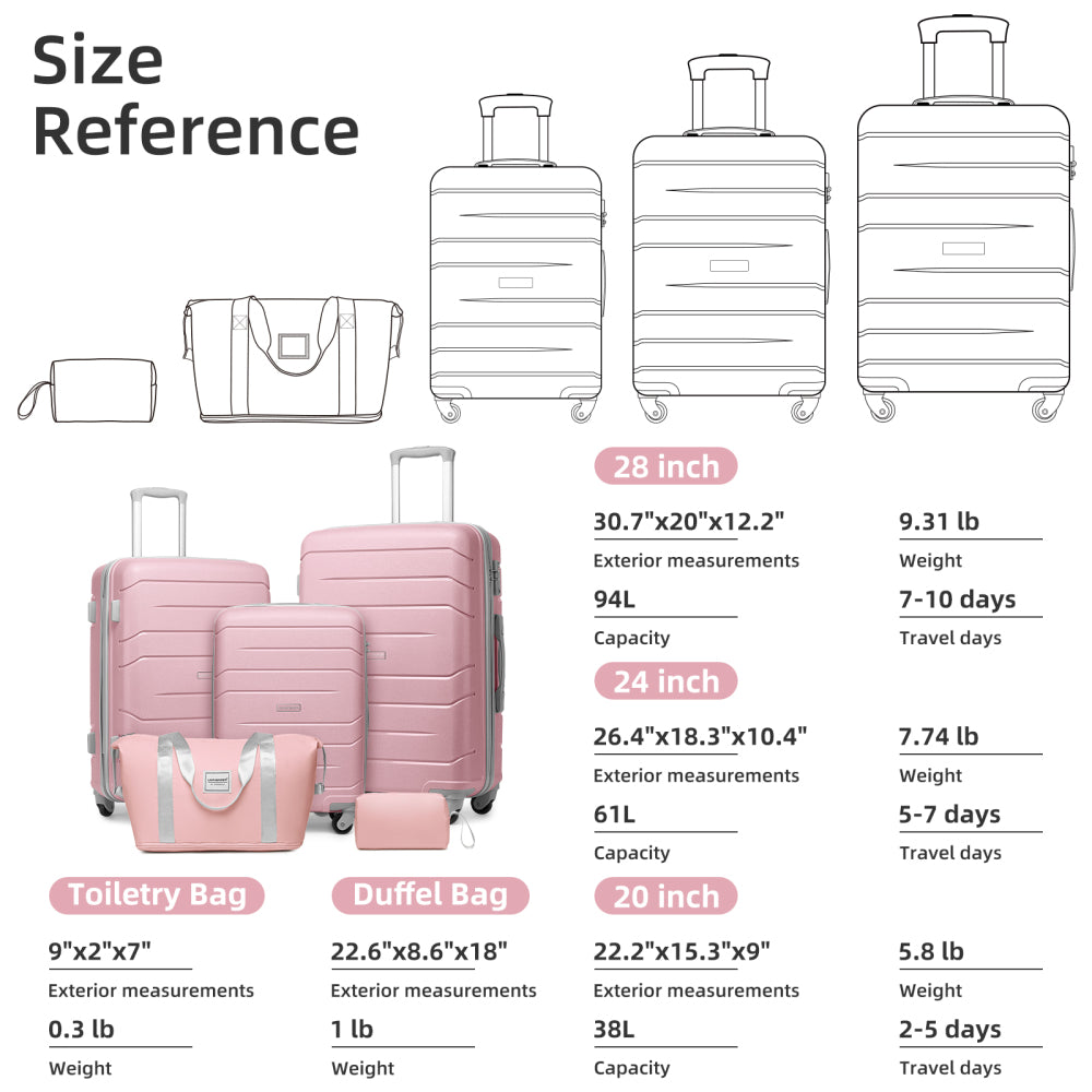 Luggage Sets 5 Piece, Expandable Luggage Hardside PP Suitcase Sets with Spinner Wheels TSA Lock, Pink