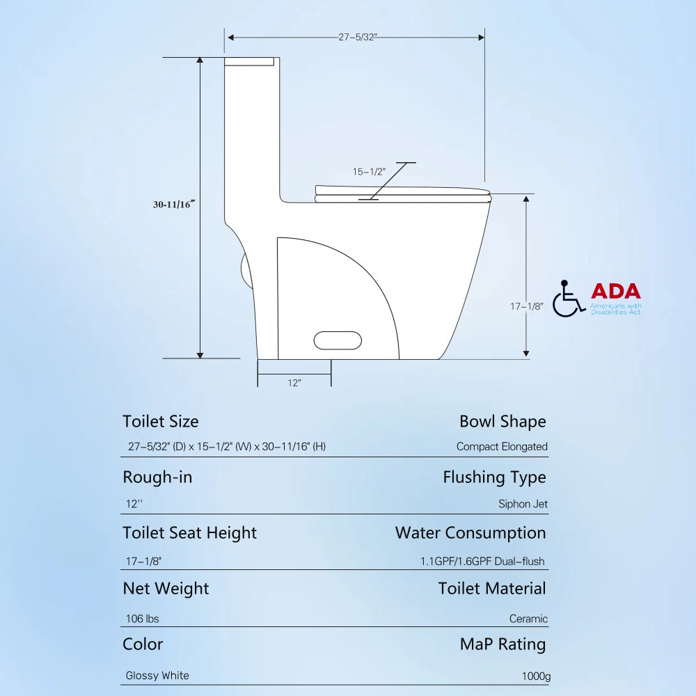 1.1/1.6 GPF Dual Flush One-Piece Toilet, Elongated Bowl with Soft Close Seat, Water-Saving MAP 1000g, Comfort Chair Seat ADA Height, Glossy White 23T01-GW
