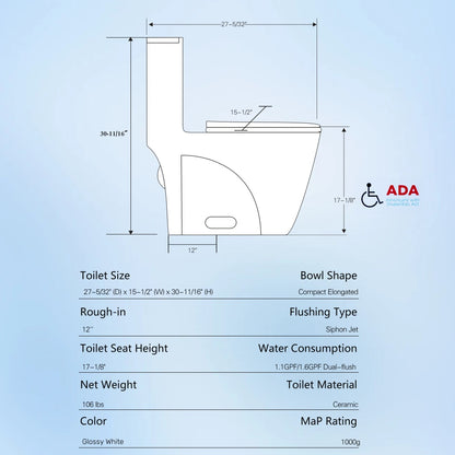 One-Piece Toilet, 1.1/1.60 GPF Water-Efficient Dual-Flush Elongated Comfort Height Floor Mounted, Standard-Size Toilet with Soft Closing Seat Included, Glossy White 24T01-GW