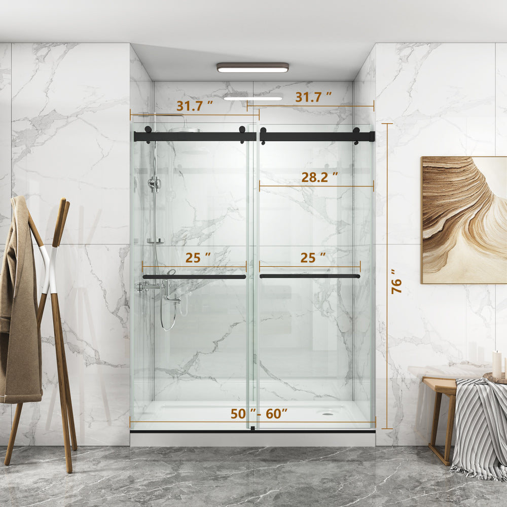 56 to 60'' W x 76'' H Frameless Shower Door, Double Sliding Shower Door with Premium 3/8'' (10mm) Thick Tempered Glass, Stainless Steel, Matte Black