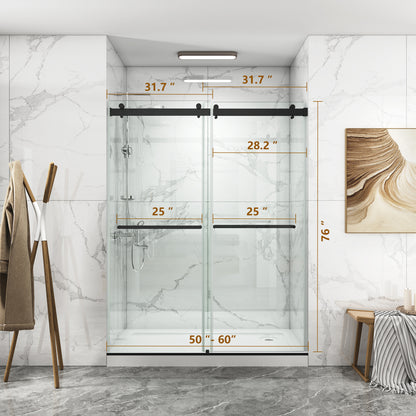 56 to 60'' W x 76'' H Frameless Shower Door, Double Sliding Shower Door with Premium 3/8'' (10mm) Thick Tempered Glass, Stainless Steel, Matte Black