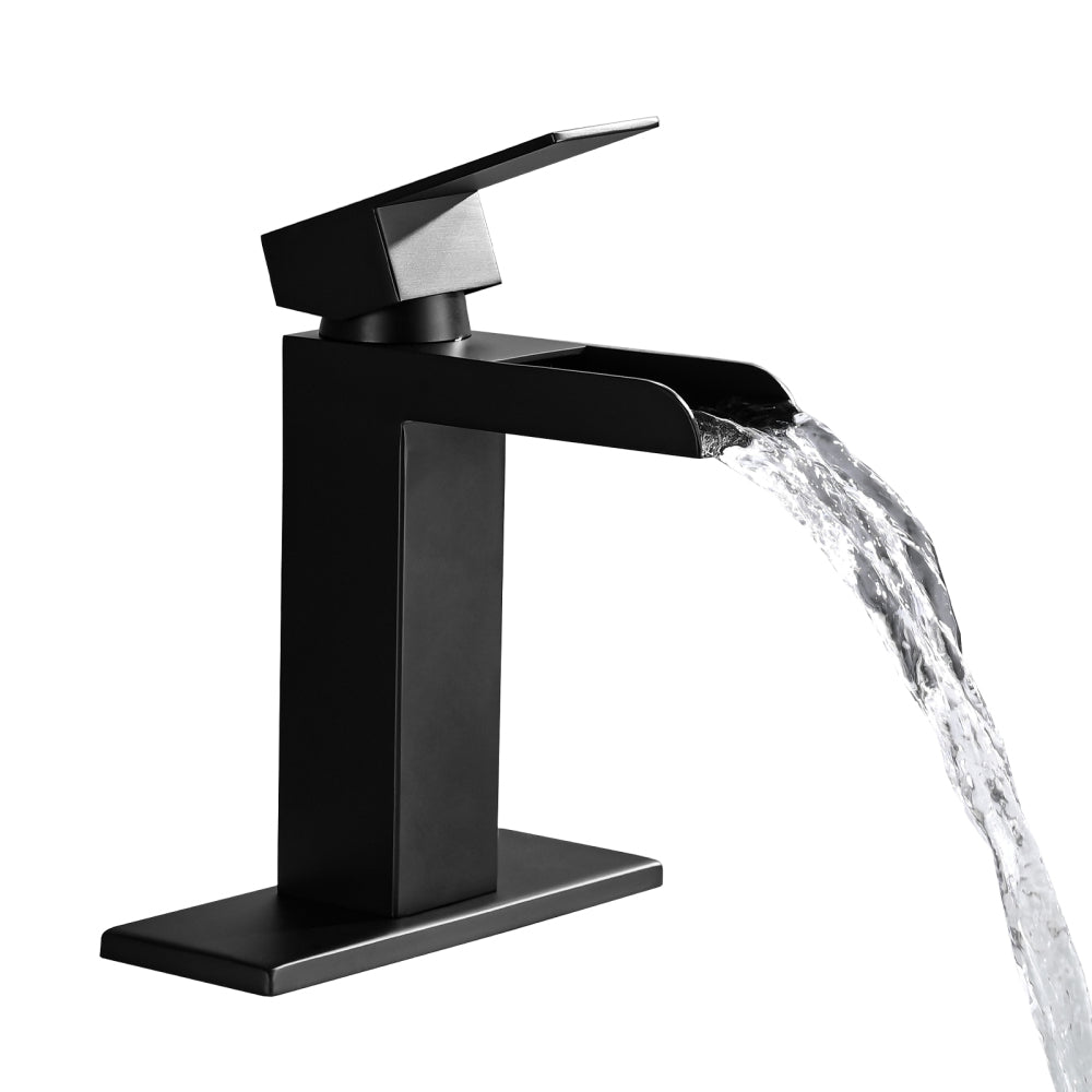 Waterfall Bathroom Faucet Black Single Handle Bathroom Sink Faucets 1 or 3 Hole Solid Vanity Faucet with Deck Plate & Overflow Pop Up Drain Matte Black