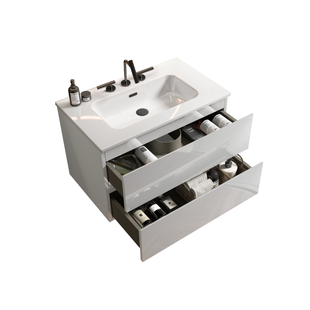 TIA 30" Wall Mount Glossy White Bathroom Vanity with Ceramic Sink with Three Faucet Holes, Large Storage Floating Bathroom Vanity for Modern Bathroom, Pre-assembled