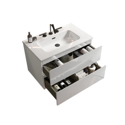 TIA 30" Wall Mount Glossy White Bathroom Vanity with Ceramic Sink with Three Faucet Holes, Large Storage Floating Bathroom Vanity for Modern Bathroom, Pre-assembled