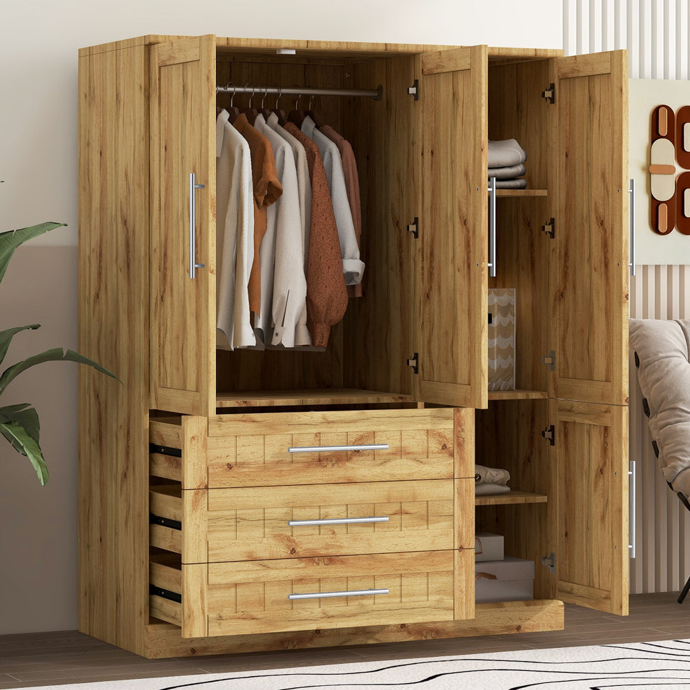 4 Door Wardrobe Armoire Closet with 3 Drawers, Natural
