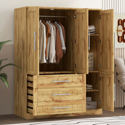 4 Door Wardrobe Armoire Closet with 3 Drawers, Natural